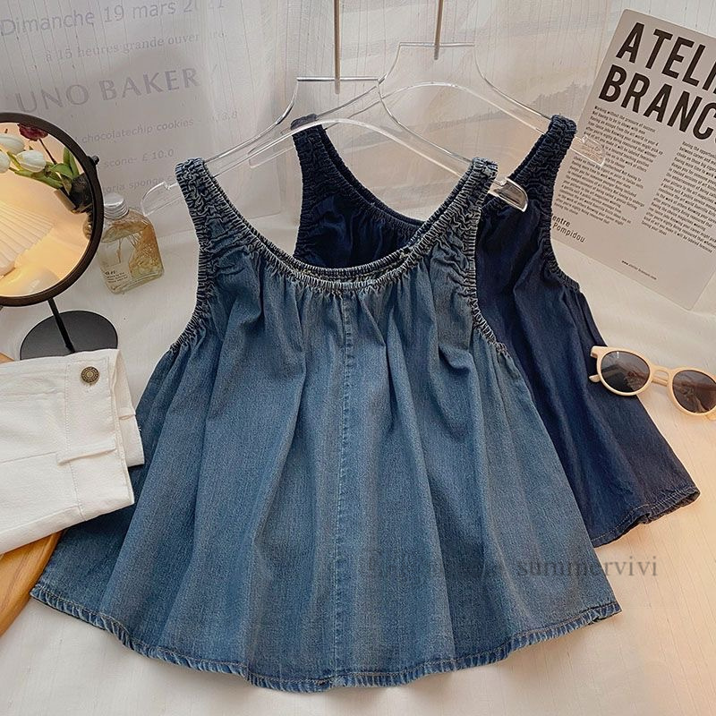 2024 Zomer Grote Meisjes Denim Tank Tops Tiener Ronde Kraag Losse Zachte Cowboy Tops Oude Kinderen Alle Bijpassende jarretel Kleding Z5607