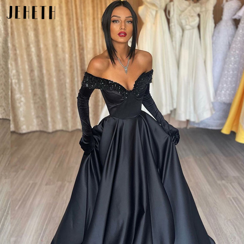 JEHETH noir arabe paillettes hors de l'épaule robe de soirée dubaï femmes robe de soirée formelle pour invité de plage sans manches