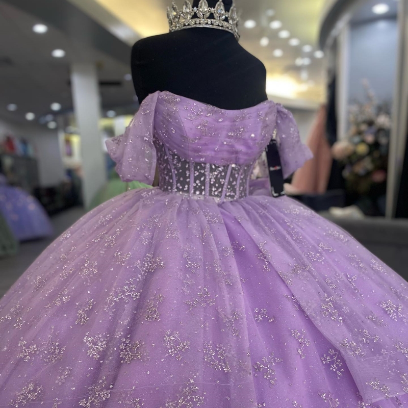 Lavender Sequin Off The Shoulder Quinceanera Dress 2024 Ball Gown Sweep Train Tulle Lace Beads Princess Party Prom Dress