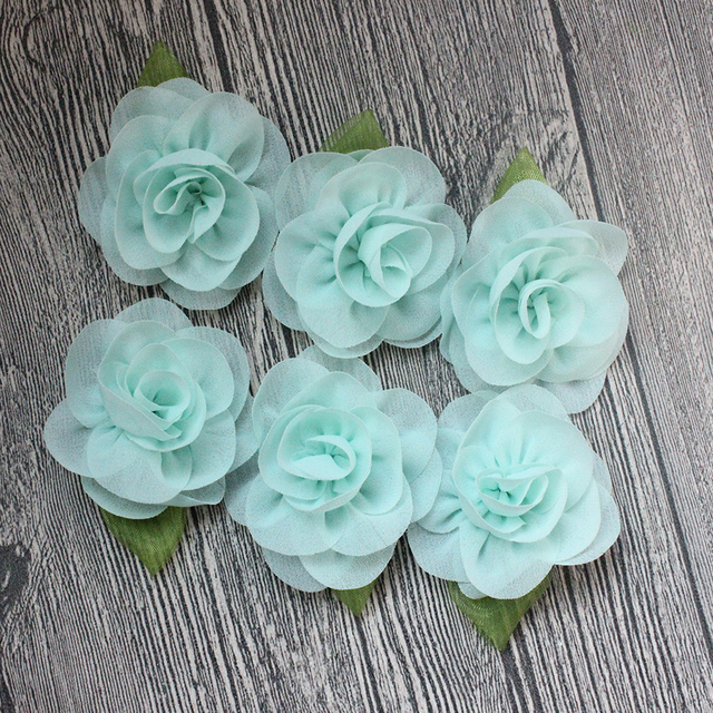 2.3" Chiffon Fabric Flowers With Leaf For Baby Girls Children Hair Flowers DIY Flowers Accessories Wedding Decoration