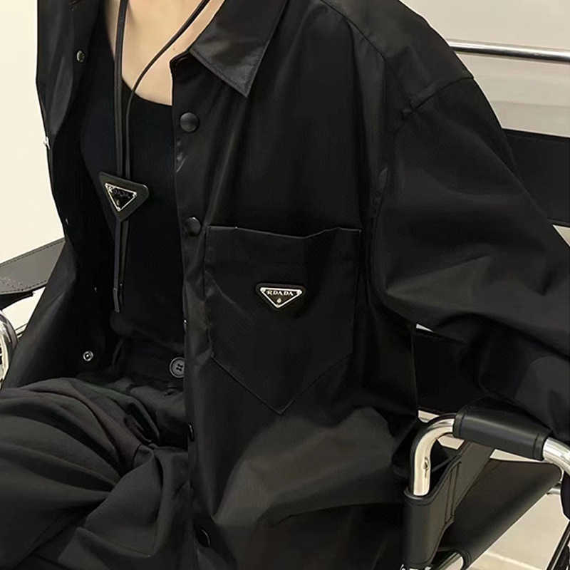 Women Designer T Shirt Sufit Parada 23SS Spring Nylon Triangle Pocket Koszulka z długim rękawem para czarna klasyka