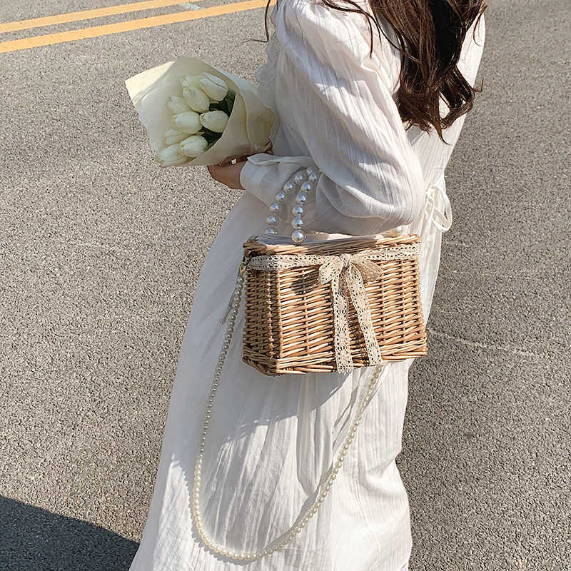 Torby na ramię Pearl rączka damska torebki designerskie torba na ramiona tkana torby crossbody crossbody żeńska bohemian letnia słomka torba plażowa