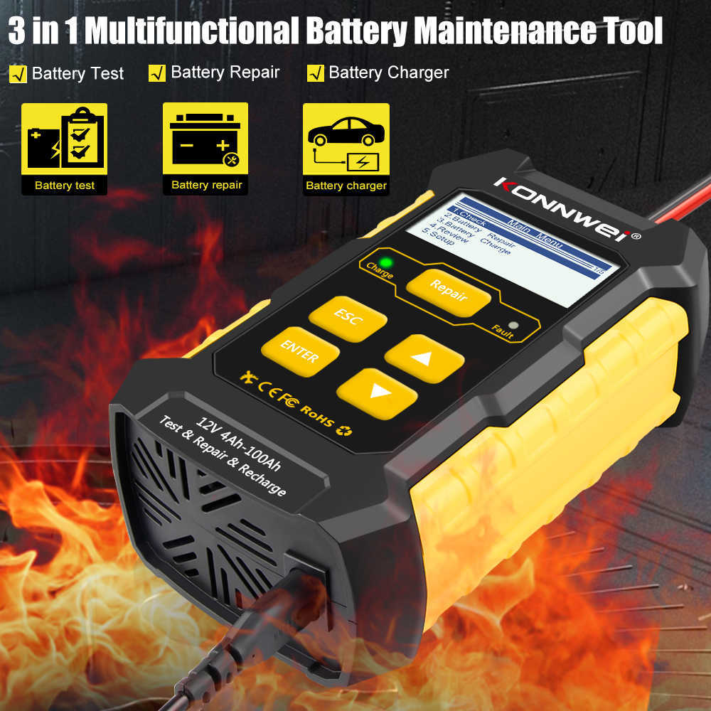 New KONNWEI KW510 12V 5A Full Automatic Car Battery Tester Pulse Repair Charger Wet Dry Lead Acid Car Battery Repair Tool Agm Gel