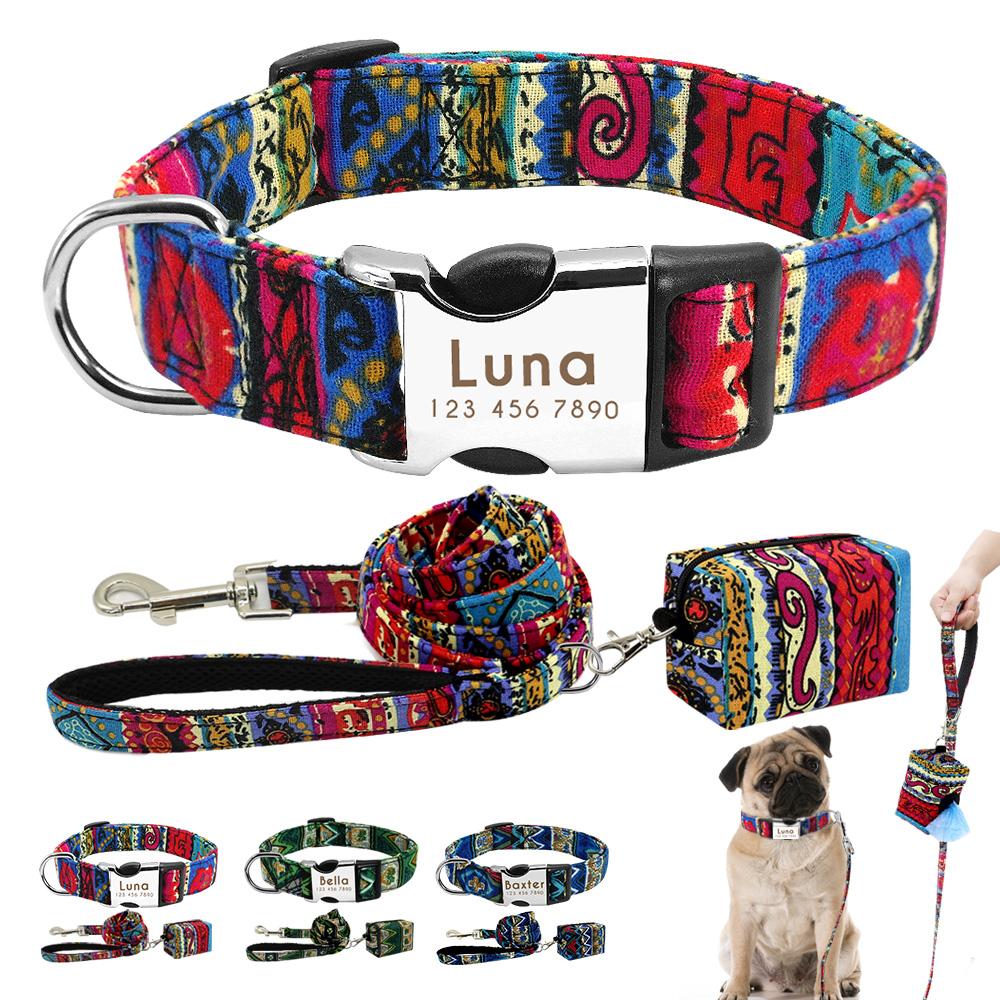 Carrier Personalized Nylon Collar Leash Poop Bag Set Free Customized Dog ID Collars Pet Lead Rope With Garbage Bag For Dogs