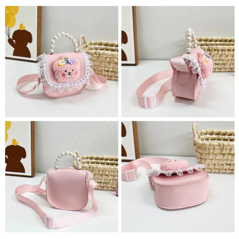 Cartoon Bear Children's Shoulder Bag Pearl Handle Baby Girls Coin Purse Handväskor Söta prinsessor Crossbody Väskor Tillbehör Koppling