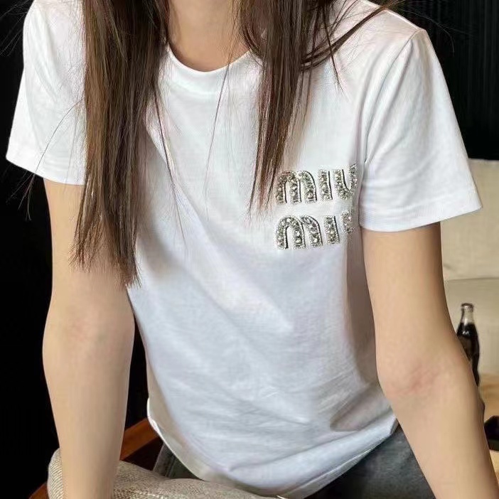 Minmin 2023 early spring Miu new rhinestone letter LOGO decoration pure cotton short sleeve crew neck T-shirt women