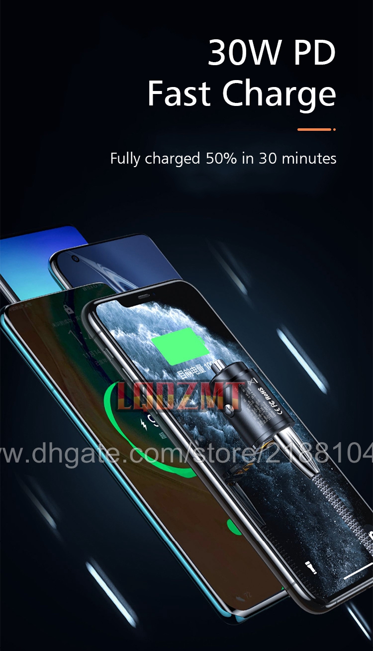 30 Вт PD CAR Зарядное устройство Двойное USB Тип C Зарядное устройство для мобильного телефона Metal Car Зарядка QC3 4.0 Быстрая зарядка для iPhone Samsung Xiaomi Tesla Car-заряд