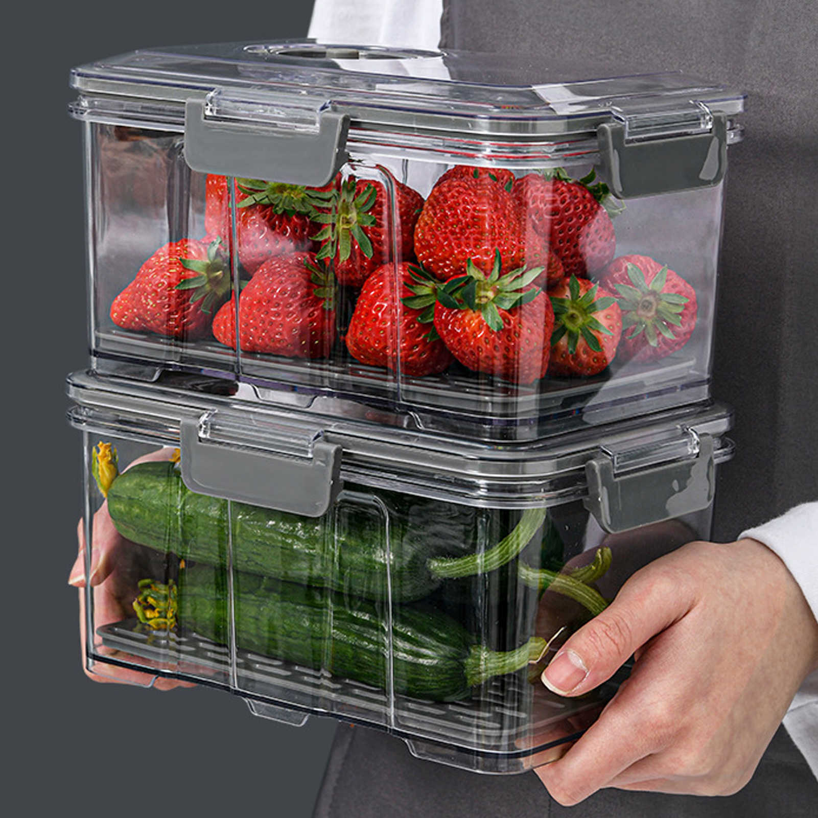 Vacuum Food Storage Container Transparent Fridge Organizer with Drain Net Large Capacity Food Dispenser for Kitchen Storage Box