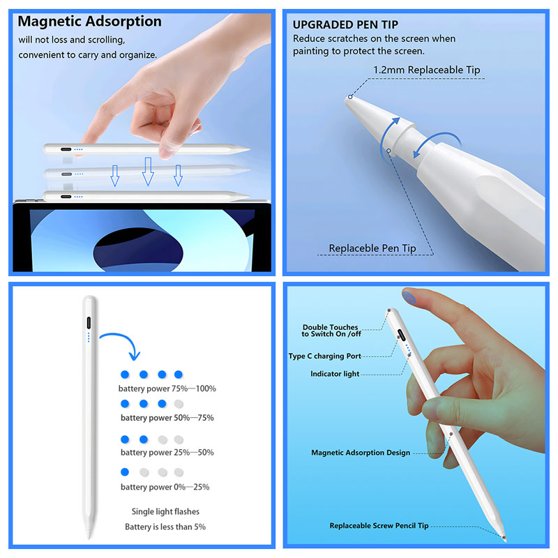 Magnetische styluspennen voor iPad 2e generatie met magneet draadloos opladen en tilt gevoelige palmafwijzing aanraakpotlood