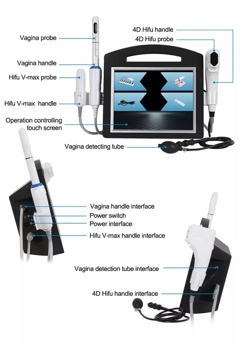 Macchina portatile 4D Hifu Face Lift Macchina stringere la pelle 8 Cartuccia Dispositivo la rimozione delle rughe Corpo che dimagrisce Vmax Macchina stringere la vagina