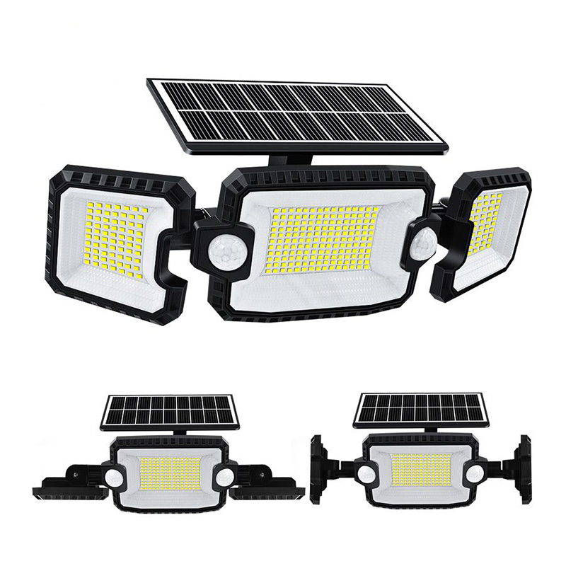 Luci da parete solari 305 LED Doppi sensori Impermeabile esterno 3 teste Luci di sicurezza grandangolare 270° con pannello solare in silicio monocristallino