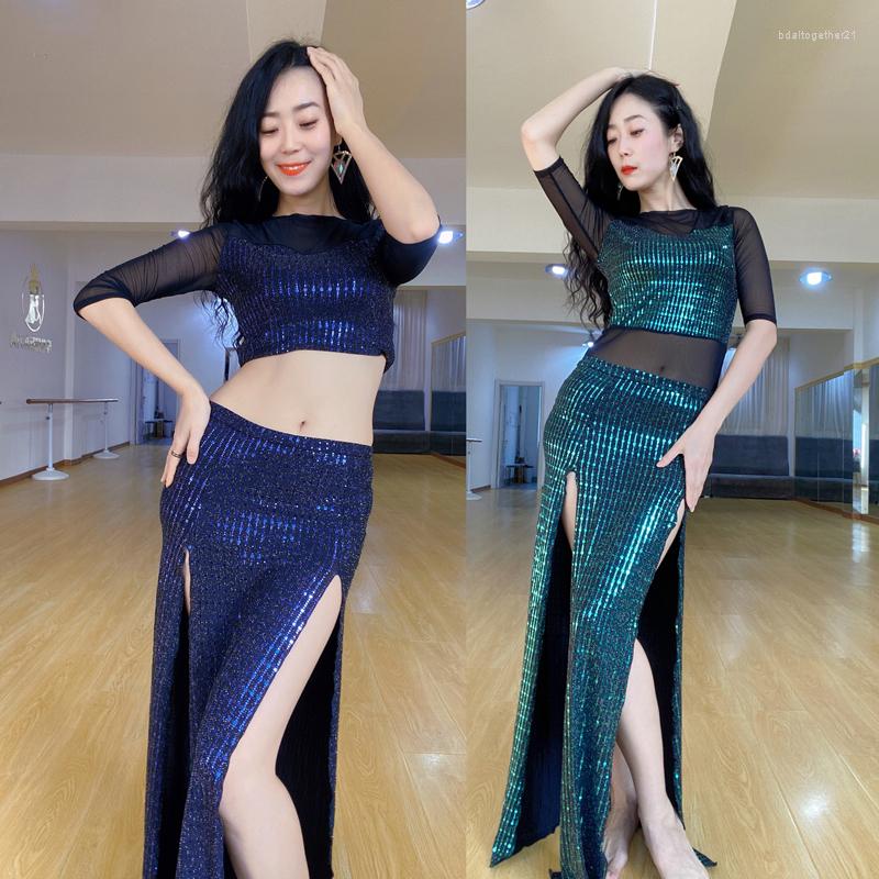 Stage Wear Women Belly Dance Oriental Adult Elastic Spring 2023 Sequin Long Skirt Cover Show Suit Dress