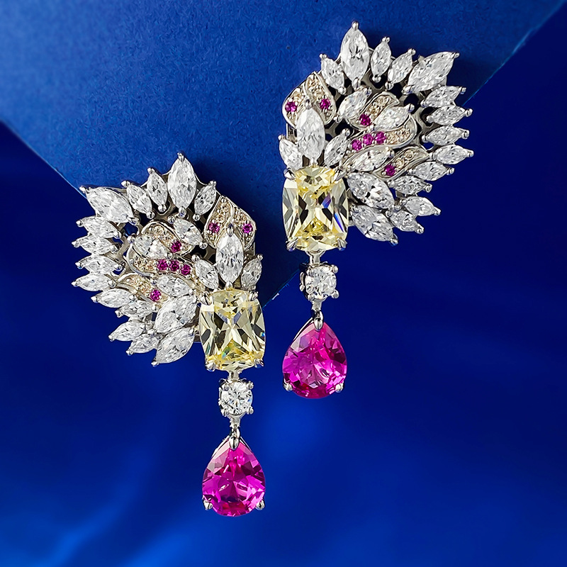 Luksusowy Ruby Diamond Dangle Earring 100% prawdziwy 925 Srebrny srebrny kolczyki ślubne dla kobiet Bridal zaręczynowy Prezent biżuterii