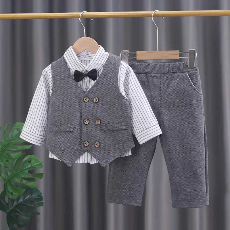 Set di abbigliamento 2023 nuova moda abbigliamento bambini maglia a catena da uomo vestito da gentiluomo gilet in tinta unita da ragazzo cravatta camicia tre abiti da sera formali R231127