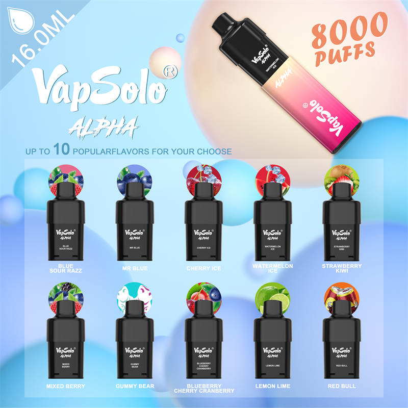Vapsolo 8000 9000 Puffs Vaper Deechable Pod Système de périphérique Kit de cigarette électronique alpha Verce 8 K 9K PODS remplaçables PODS 650mAh Batterie rechargeable