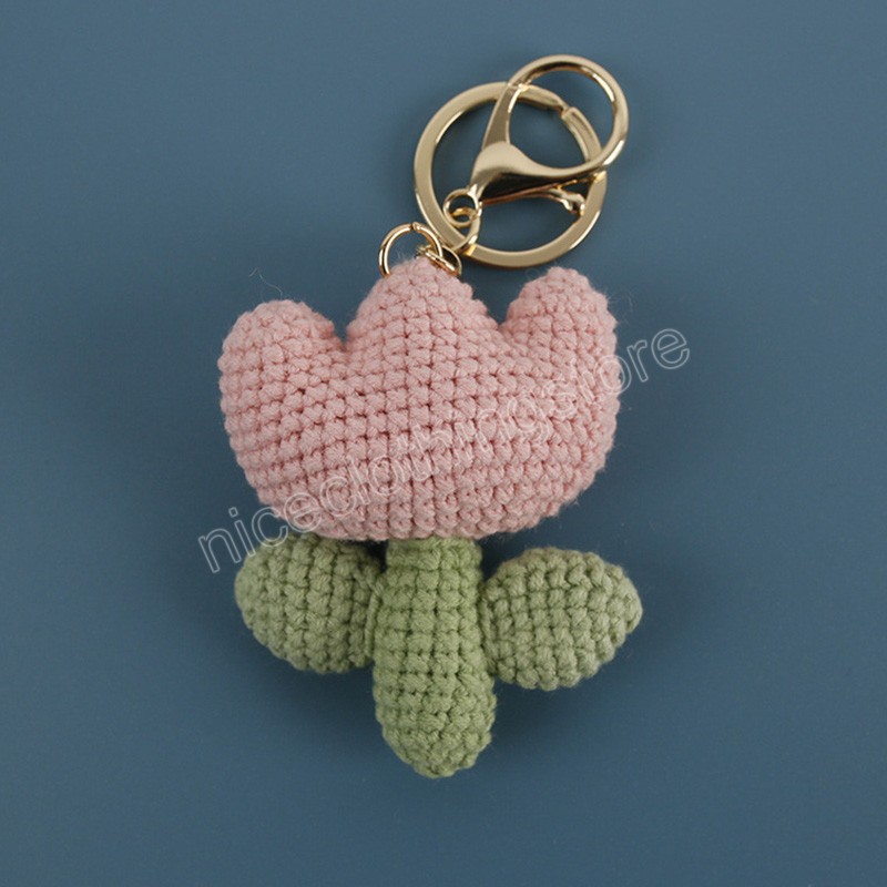 Cute Knitted Tulip Flowers Keychains Women Girls Lovely Crocheted Yarn Flower Pendant Key Rings Bag Hanging Ornaments