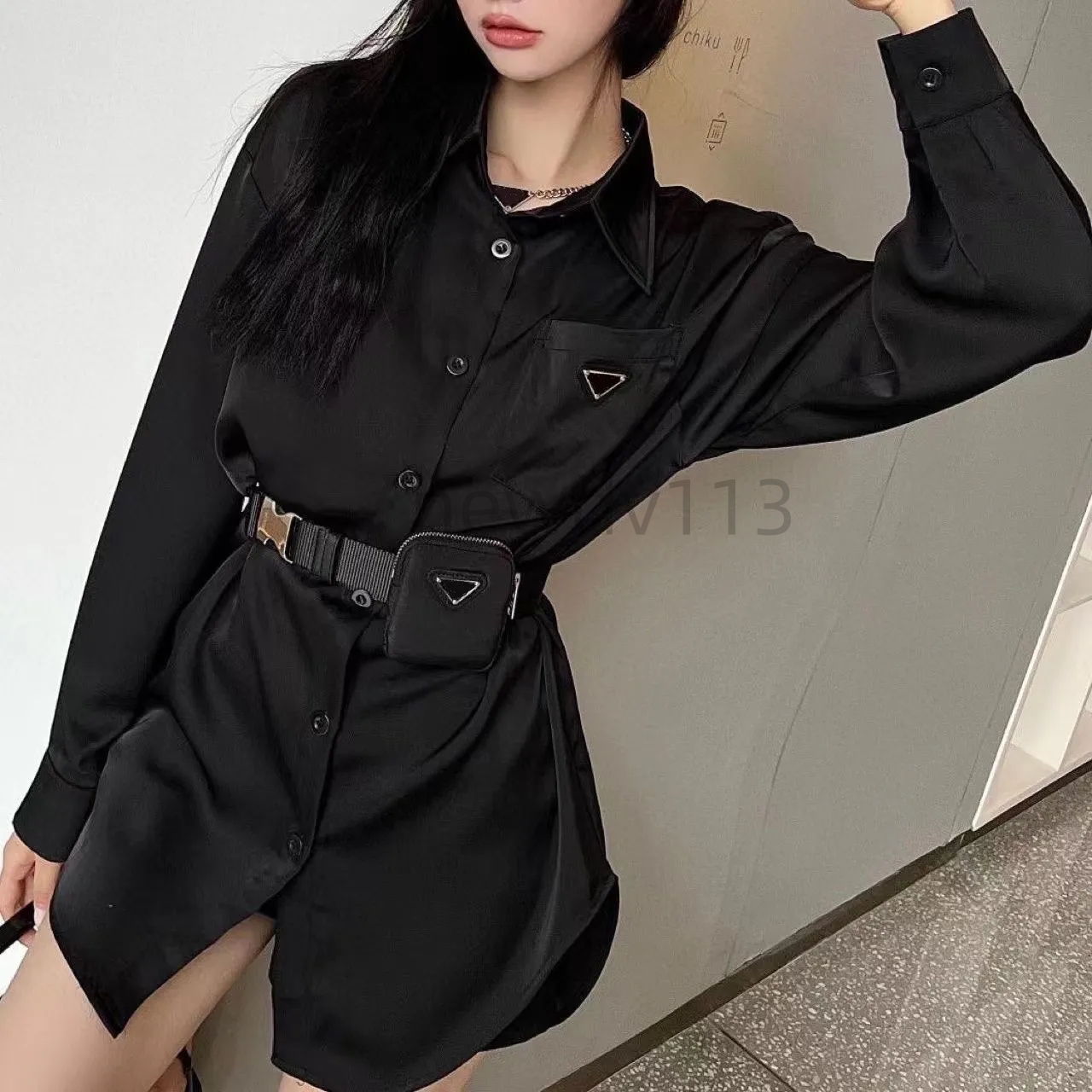 Women's designer Triangle Label women's shirt and blouse Fanny pack Fashion casual fabric textured lapel long sleeve shirt