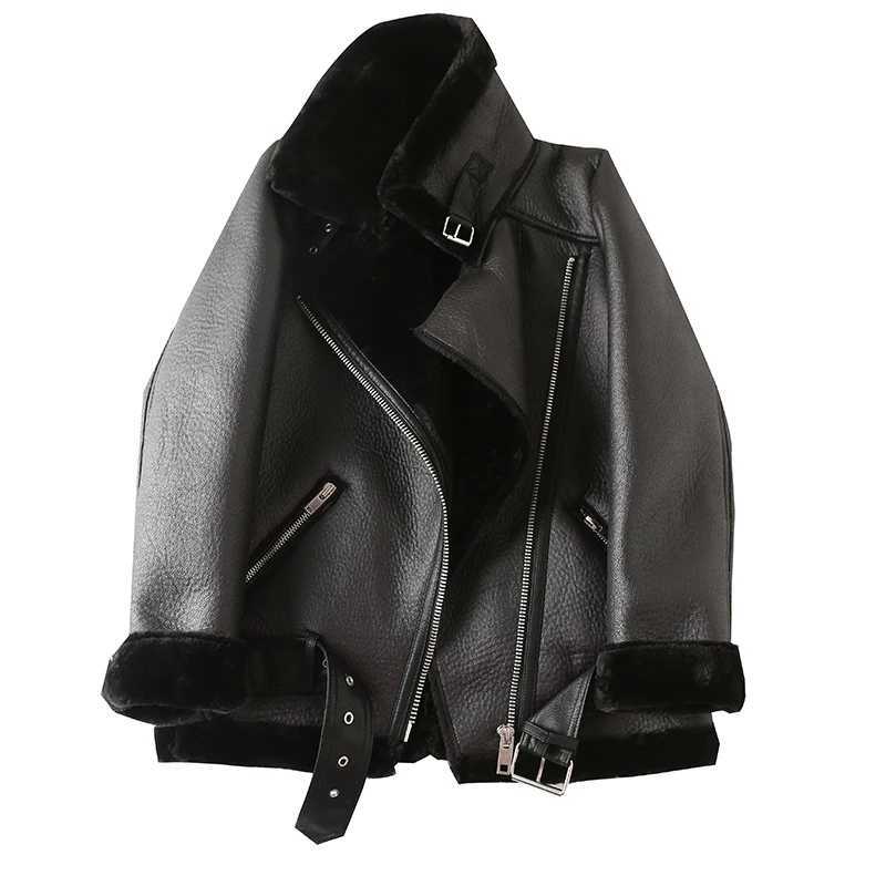 Kadınlar deri ceket kış sahte kesme koyun derisi ceket dişi kalın sıcak süet kuzular kısa motosiklet siyah paltolar