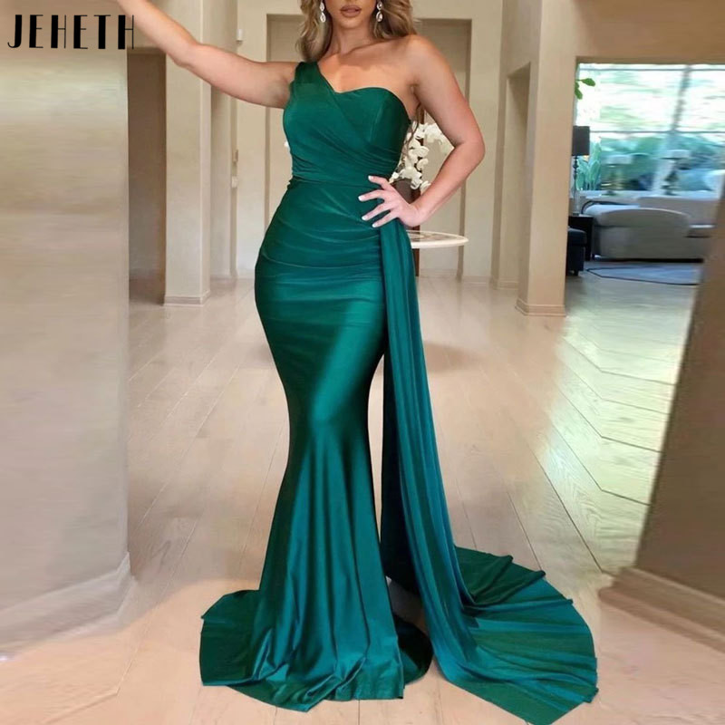 JEHETH Abiti da sera convenzionali sexy con una spalla verde Abiti da ballo lunghi da donna eleganti a sirena lunghi fino al pavimento