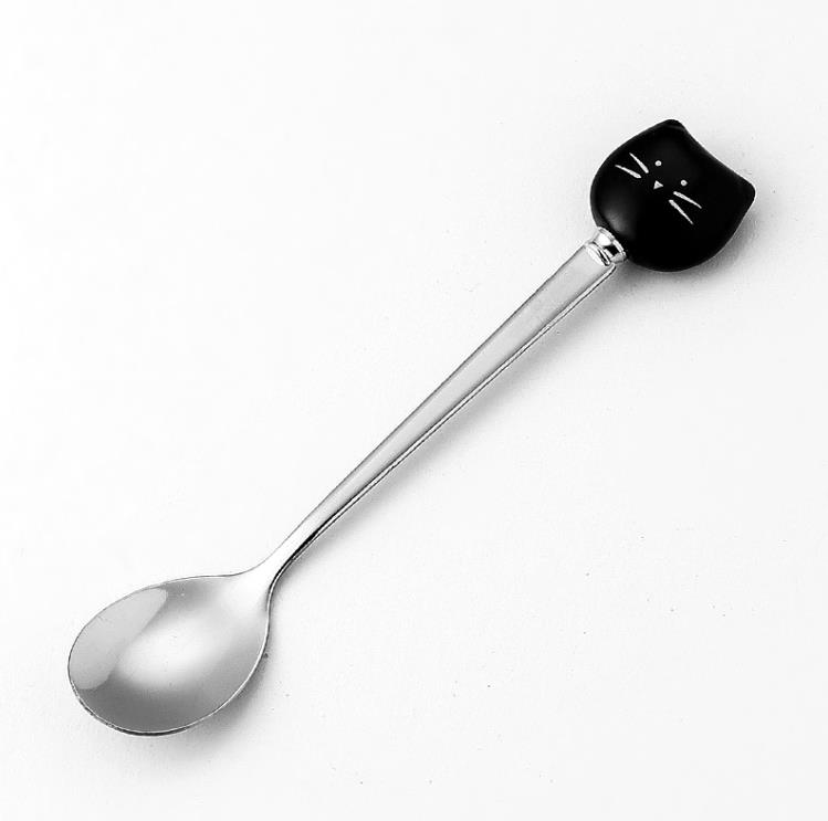Lovely Cartoon white & black Cat Ceramic Handle Spoon Stainless Steel Stirring Coffee Spoon Fork Wedding Favors SN4134
