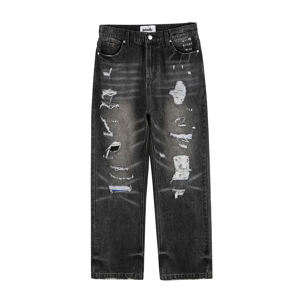 Frayed Hole Damaged Washed Black Baggy Jeans for Men Streetwear Straight Casual Denim Trousers Loose Cargo Pants