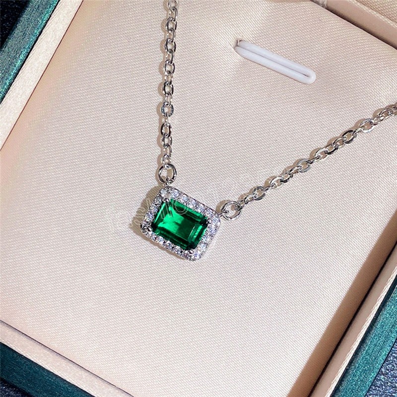 Шарм Emerald Green прямоугольник CZ Каменная подвесная подвесная ключица Цепочка серебряного цвета ювелирные украшения для моды для женщин -юбилей подарок