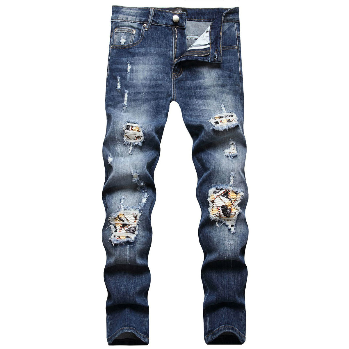 Men's Jeans European Jean Hombre Letter Star AM tiny spot Men Embroidery Patchwork Ripped Trend Brand Motorcycle Pant Mens Skinny AM1179# size 28-42