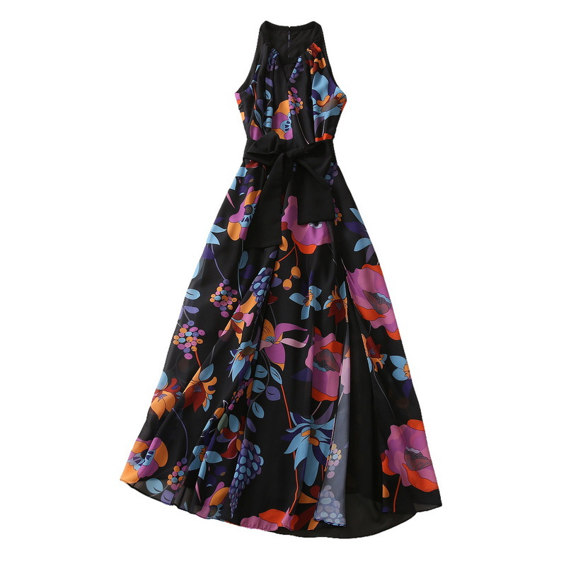 Summer Black Floral Print Dress Sleeveless Round Neck Long Maxi Casual Dresses S3A240420