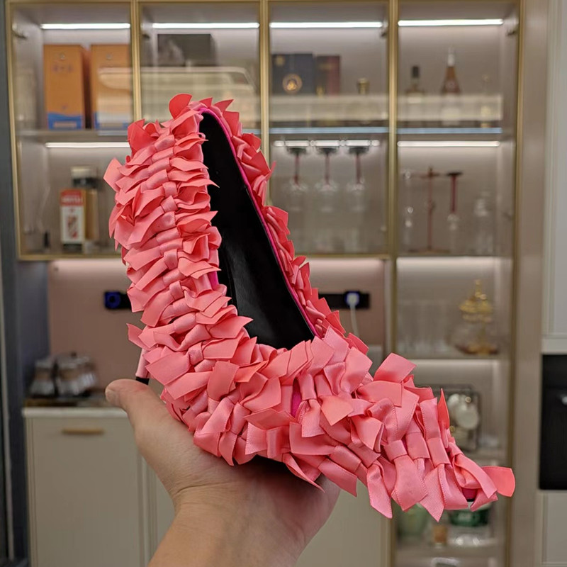 Scarpe da donna con bocca superficiale e tacchi sottili, scarpe singole, con punta a punta, decorazione con nodo a farfalla, scarpe da sera dolci la primavera e l'autunno