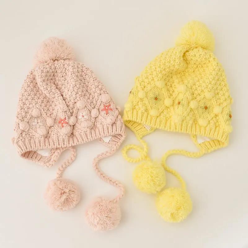 リトルガールズポンポンニッティングハット幼児の子供の手作りの編み物暖かいビーニーチルドレンパーティーキャップS0880