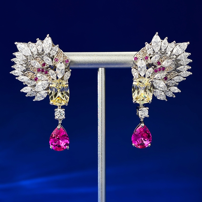 Luksusowy Ruby Diamond Dangle Earring 100% prawdziwy 925 Srebrny srebrny kolczyki ślubne dla kobiet Bridal zaręczynowy Prezent biżuterii