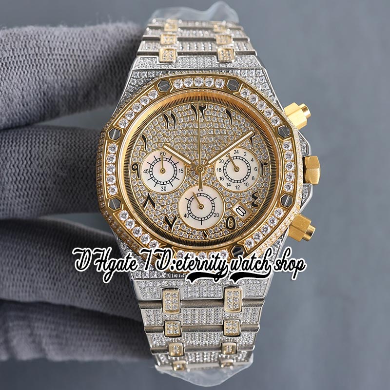 SF sf26067 Japan Miyota Quartz Chronograph Movement Mens Watch Yellow Gold Bezel Iced Out Diamond Dial Arabic Markers Two Tone Diamonds Bracelet eternity Watches