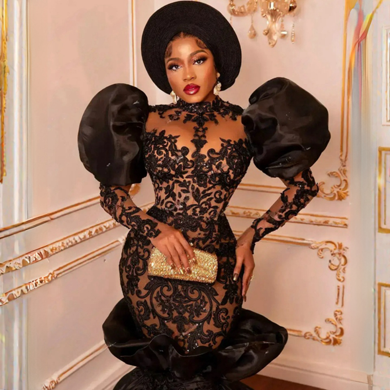 Noir Aso Ebi Robes De Bal Sirène Dentelle Cap Manches Organza Robes De Soirée Africain Arabe Deuxième Réception Robes De Fête D'anniversaire Gala Pageant Robe De Fiançailles ST366