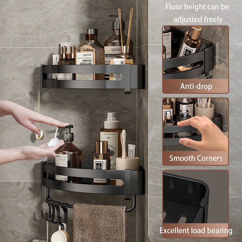 No Drill Bathroom Shelves With Towel Holder Shampoo Storage Rack Bath Corner Shelf Shower Oragnizer Bathroom Accessories Set