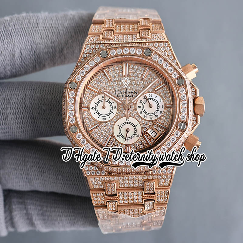 SF f26333 Japon Miyota Quartz Chronographe Mouvement Montre Homme Or Rose Entièrement Glacé Pavé Diamant Cadran Arabe Marqueurs Diamants Bracelet éternité Bijoux Montres