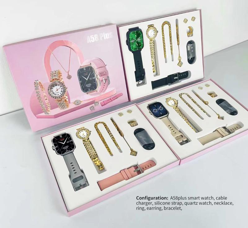 2024 새로운 디자인 커플 스마트 워치 8 in 1 Ladies Gold Watch 조합 선물 상자 피트니스 추적기 NFC 여성 남성 스마트 워치 A58 Plus