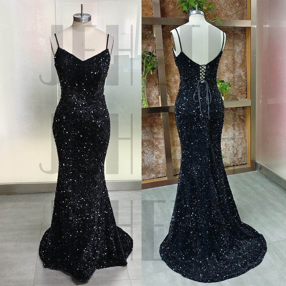 JEHETH Sexy Shinny Black Sequins Mermaid Evening Dresses Spaghetti Straps Sweetheart Backless Formal Prom Gown Robes