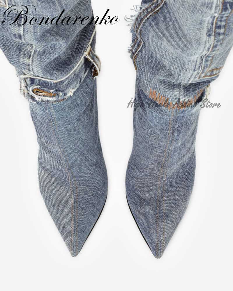 Women Denim Stiletto فوق أحذية الركبة مدبب إلى رعاة البقر عالية الكعب الكعب ديكور تصميم فاخرة أحذية الفخذ 2022 شتاء الأحذية الجديدة 230427