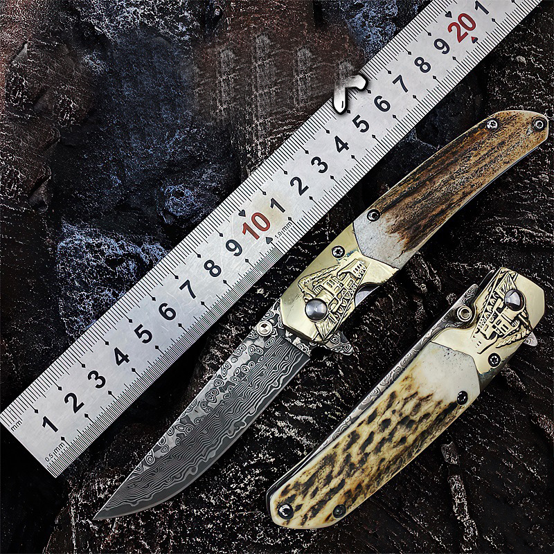 Hot A1963 Flipper Folding Knife VG10 Damascus Steel Drop Point Blade Deer Horn with Brass Head Handle Outdoor Camping Hiking Fishing EDC Pocket Knives