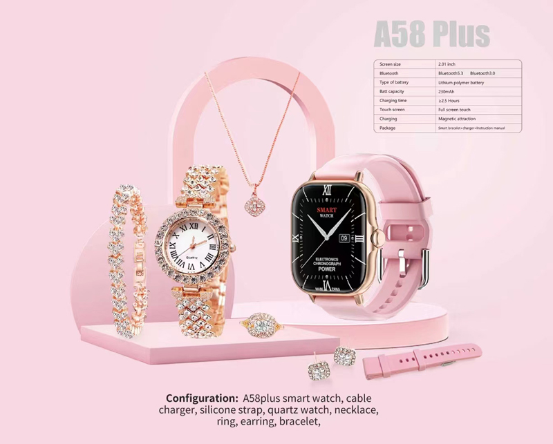 Fashion Design A58 Plus Smart Watch 8 in 1 luxe gouden horloge combinatie cadeaubox fitness tracker NFC dames mannen paar smartwatch