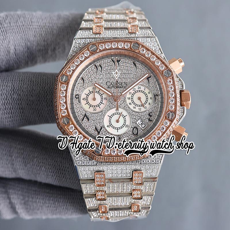 SF sf26333 Japan Miyota Quarz-Chronographenwerk Herrenuhr Roségold Lünette Iced Out Diamant-Zifferblatt Arabische Markierungen Zweifarbige Diamanten Armband Ewigkeit Uhren