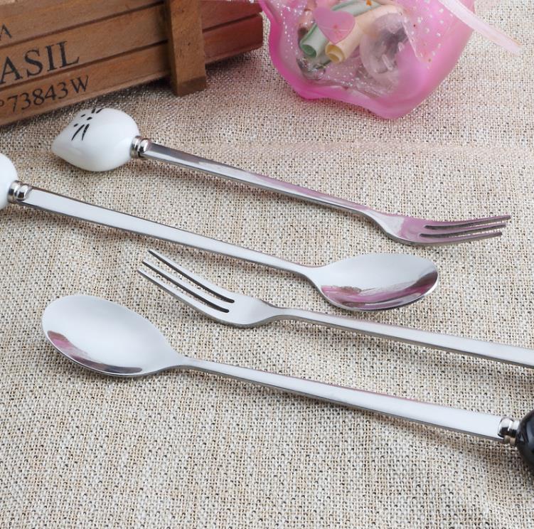 Lovely Cartoon white & black Cat Ceramic Handle Spoon Stainless Steel Stirring Coffee Spoon Fork Wedding Favors SN4134