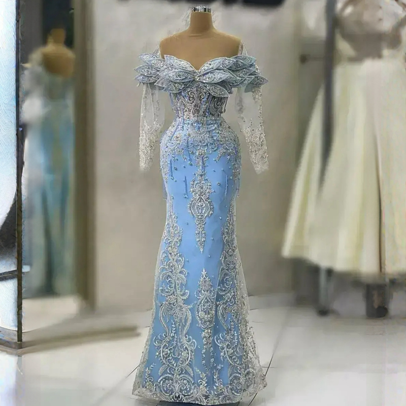 Bleu ciel Aso Ebi arabe sirène robe de bal dentelle perlée soirée formelle fête deuxième réception anniversaire robes de fiançailles robes Robe De soirée Robe de reconstitution historique ST389