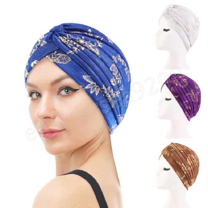 Spring Femmes Gold Sparkly Shiny Print Turban Hat Bons musulmans CHEMO CHEPEUR HIJAB HEURS PERTE COURT