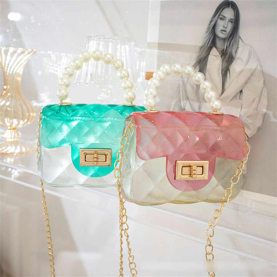 Mini sac à main en gelée couleur bonbon, petit sac à bandoulière Transparent, sacs à main de princesse mignons avec poignée en perles pour enfants