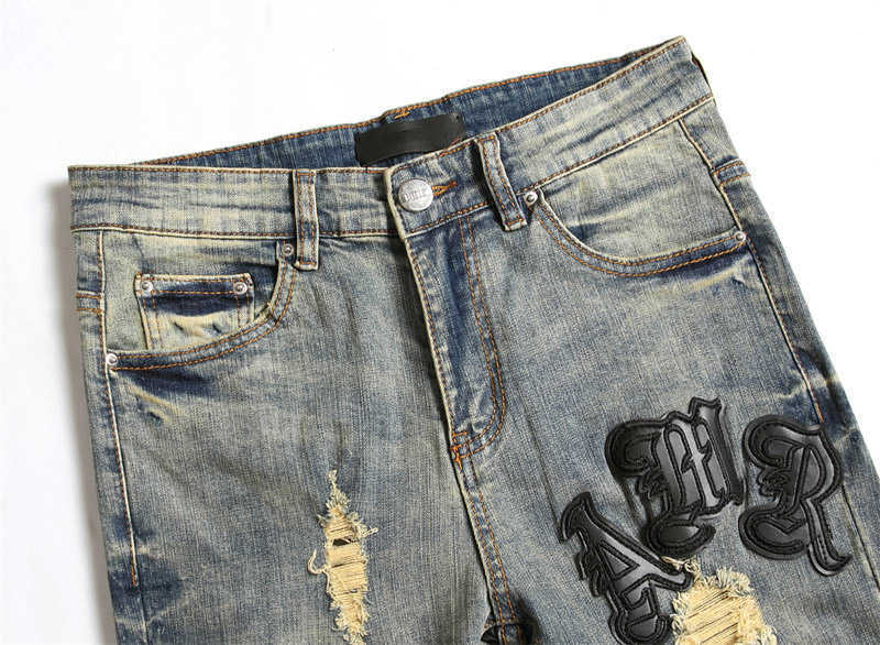 Man Trend Hoge kwaliteit Jean Letter Star Jean Mannen Borduurwerk Patchwork Ripped Jeans Trend Merk Motorbroek Heren Skinny Jeans