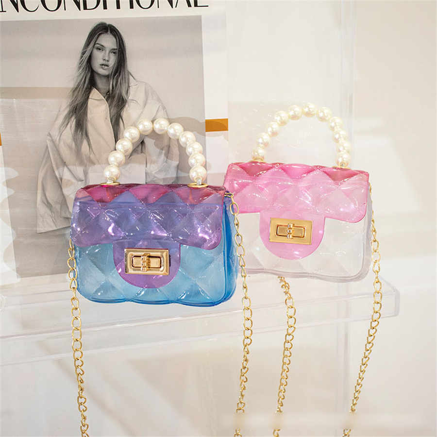 Mini sac à main en gelée couleur bonbon, petit sac à bandoulière Transparent, sacs à main de princesse mignons avec poignée en perles pour enfants