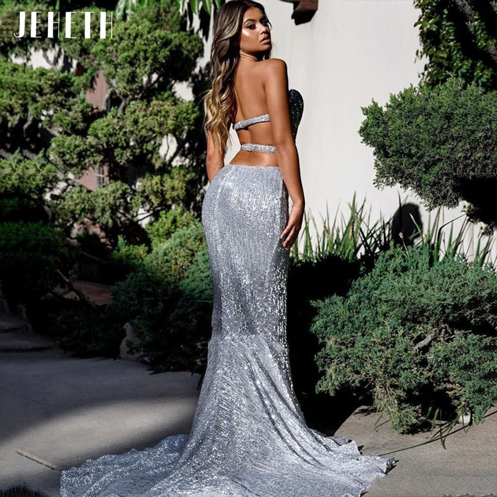 JEHETH SEXY AXTRAPLESS Glitter Silver Sequins Mermaid Prom Dresses Sparkle Backless Split Evening Formal Gown Custom Sweep Train