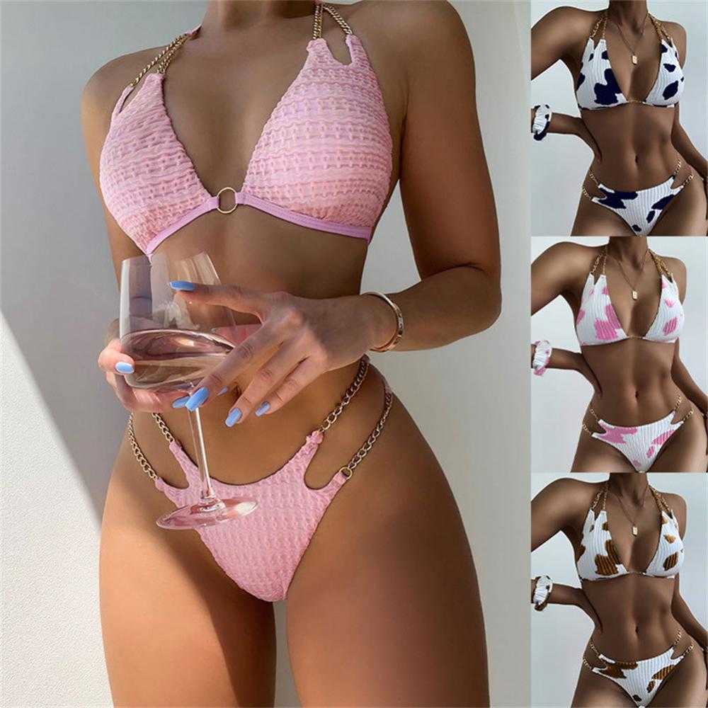 Costumi da bagno da donna 2022 New Chain Split Costume da bagno Donna Sexy Mirco Bikini Set Scava fuori Costumi da bagno Costume da bagno con lacci Brazlian Beachwear P230426