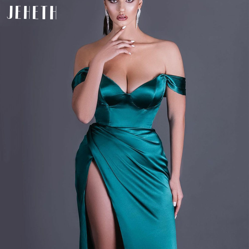 JEHETH Sexy Off Shoulder Deep V-Neck Satin Prom Dresses Elegant High Side Slit Lace-up Backless Party Evening Gowns Sweep Train